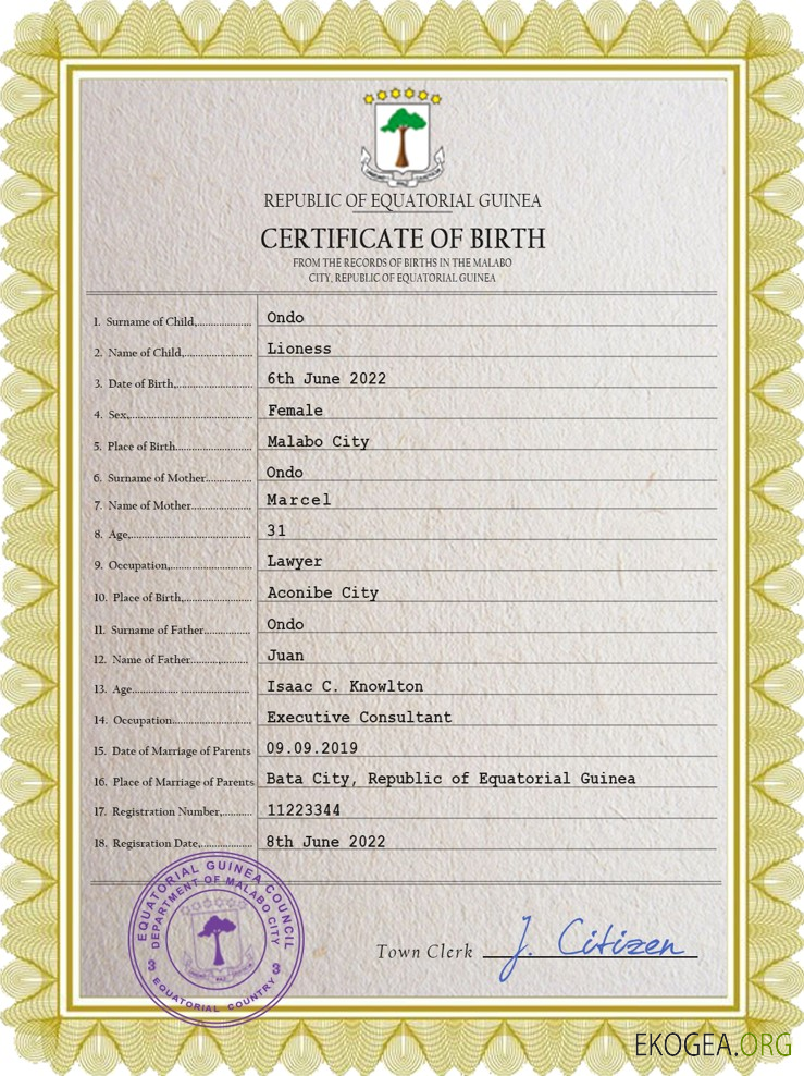 Modèle PSD d'acte de naissance de Guinée équatoriale